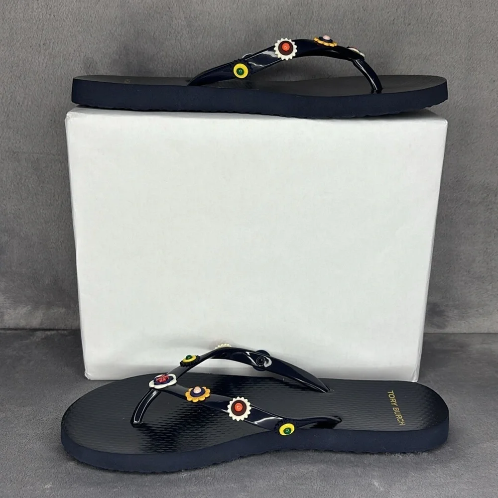 Tory Burch Marguerite Floral Charm Flip Flops Navy Size 6-7